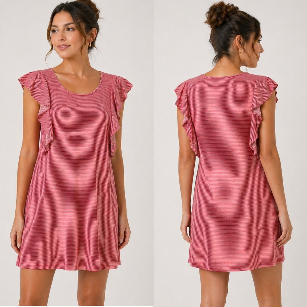 J.Crew Striped T-Shirt Dress Women Size S Red White Ruffle Nautical Mini coastal